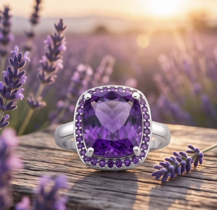 Purple Angel 9.5 carat natural Amethyst rhodium over .925 Sterling Silver Handcrafted Ring size 7 - Close-up of Purple Angel 9.5 carat amethyst ring on rustic surface.