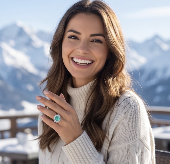 Elizabeth round cut 6.2 carat Colombian Emerald .925 Sterling Silver dipped in Rhodium handcrafted Ring size 6 1/4 - Smiling woman wearing Elizabeth 6.2 carat emerald ring in snowy setting