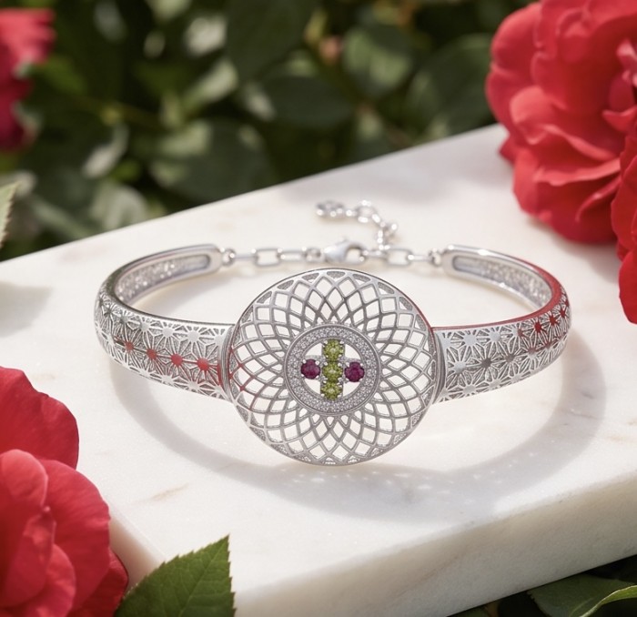 Casablanca - authentic 2.2 carat yellow Tourmaline .925 Sterling Silver Bracelet - Front view of Casablanca bracelet with yellow Tourmaline and floral design.