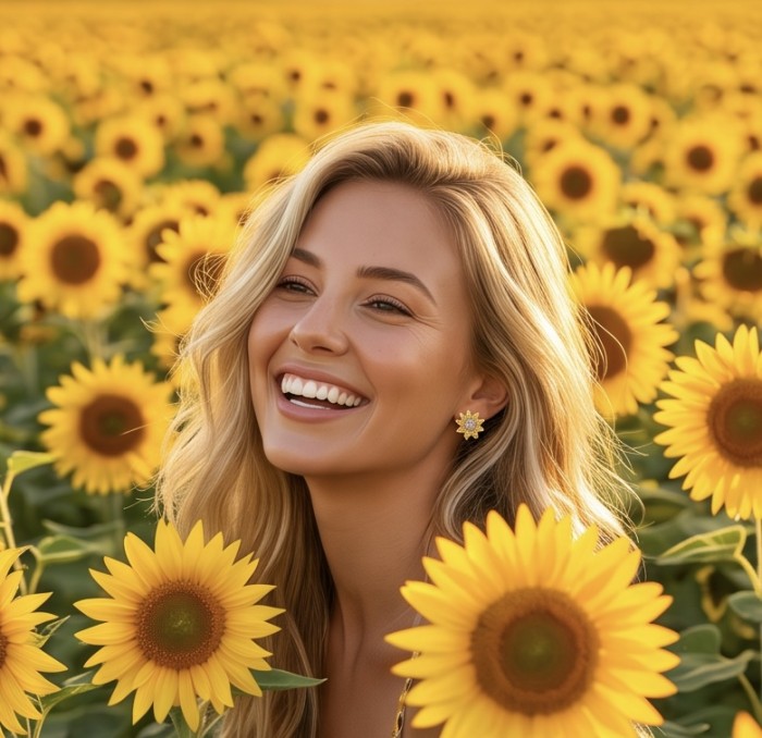 Vivien - Natural 2.2 carat yellow Sapphire .925 Sterling Silver dipped in rhodium handmade earrings - Woman wearing Vivien yellow Sapphire earrings in sunflower field.