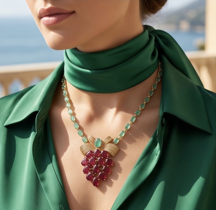 Juicy Strawberry 32.2 carat Natural Kasmir Ruby 21.5 carat Colombian Emerald .925 Sterling Silver dipped in 22K Gold handcrafted Statement necklace - Close-up of Juicy Strawberry necklace with rubies, worn on neck.