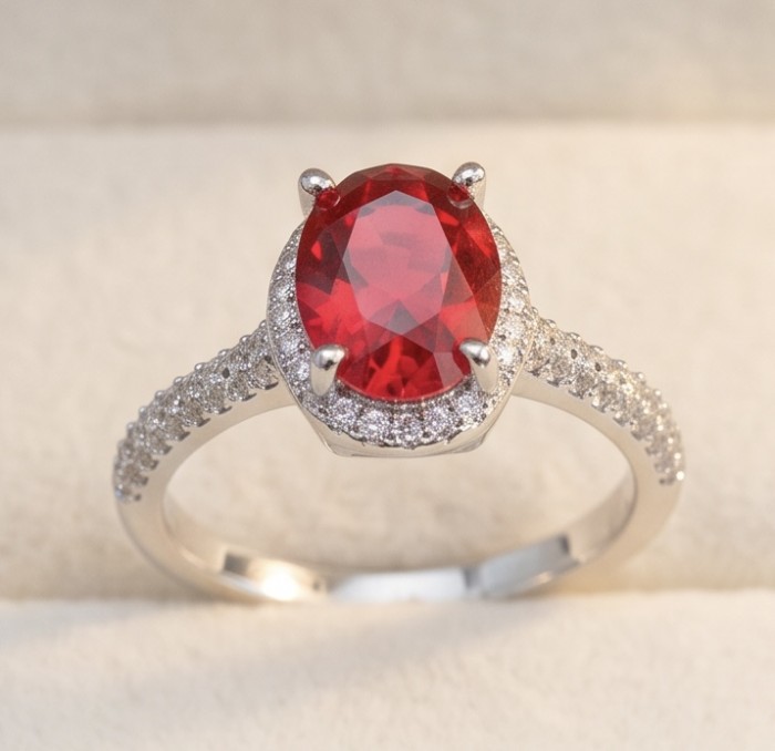 Scarlett 4.7 ctw Mozambique Ruby .925 Sterling Silver handcrafted Statement Ring size 6 1/4 - Ruby ring with diamond halo, front view on display cushion.