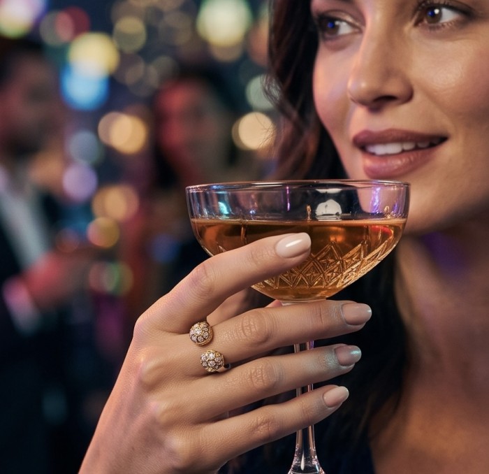 Luxurious 3.8 carat White Topaz 14K Gold over .925 Sterling Silver handcrafted Statement Ring size 7 - Ring worn on hand holding a drink, showcasing intricate design.
