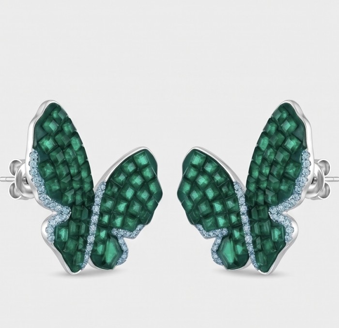 Incredible Butterflies genuine mystry setting 15.5 CARAT Emerald .925 Sterling Silver handcrafted Earrings - Butterfly earrings with green stones, front view.