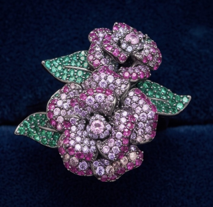 Wild Roses Authentic 3.5 carat pave Ruby 1.9 carat Emerald .925 Sterling Silver brilliantly dipped in black rhodium handcrafted Statement ring; s. 8 1/4 - Close-up of Wild Roses ring with rubies and emeralds on blue background