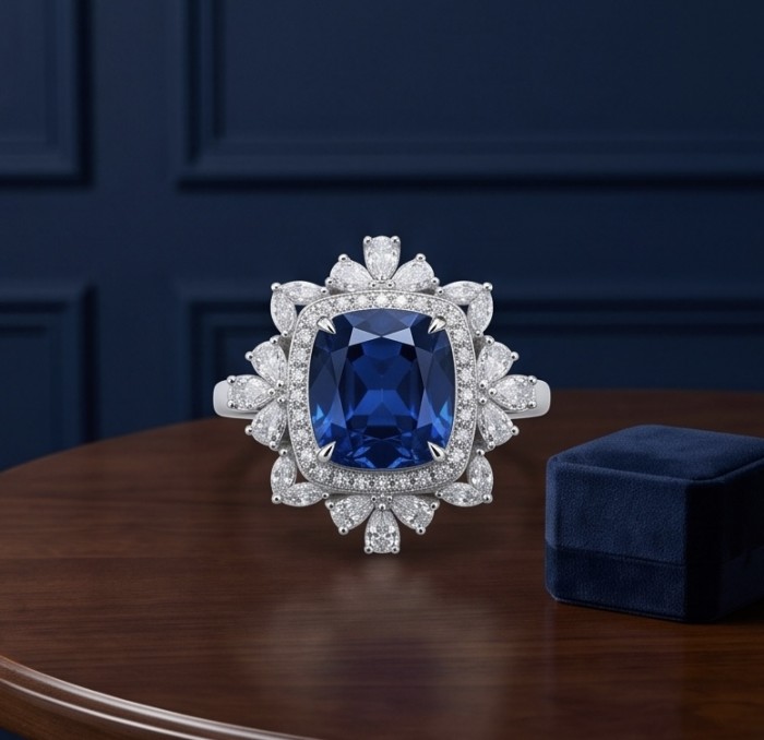 Classy design - baquette cut 8.7 carat natural Sapphire .925 Sterling Silver Perfectly handcrafted Ring s. 9 - Front view of sapphire ring with diamond accents on wood table