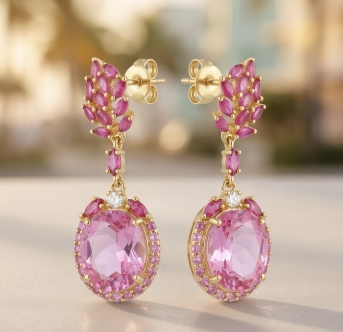 Isabella - 8.9 carat natural Pink Tourmaline Mozambique Ruby 18K Gold over .925 Sterling Silver handmade Statement earrings - Front view of pink tourmaline drop earrings with gold setting.