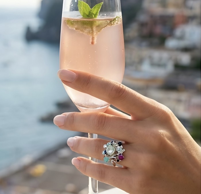 Isabel Authentic 18.7 carat Green Amethyst rhodium over .925 Sterling Silver handcrafted Statement Ring size 9 - Ring with colorful gemstones worn on hand, sea view background