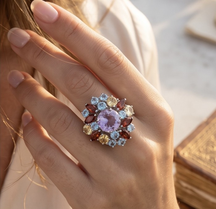 Natural 22.8 carat Fancy cut Amethyst rhodium over .925 Sterling Silver handcrafted Statement Ring size 7 - Amethyst ring worn on hand, showcasing gemstones and intricate design.