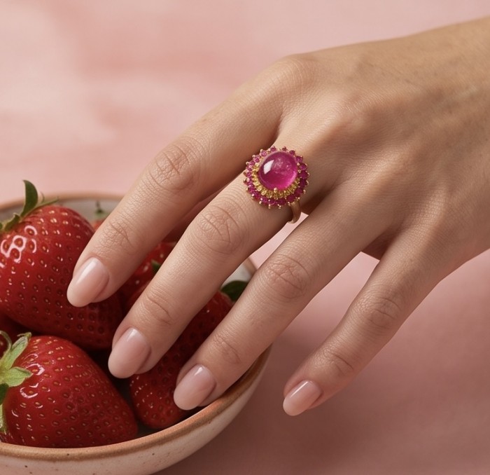 King of Gems Genuine 7.7 CARAT Mozambique Ruby 22K Gold over .925 Sterling Silver Statement Ring size 6 1/2 - Ruby ring worn on hand, strawberries in background