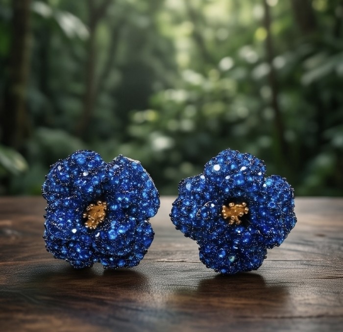 Amazonia - 8.8 carat pave Colombian Sapphire .925 Sterling Silver handmade Statement Earrings - Close-up of Amazonia sapphire earrings on wooden surface.