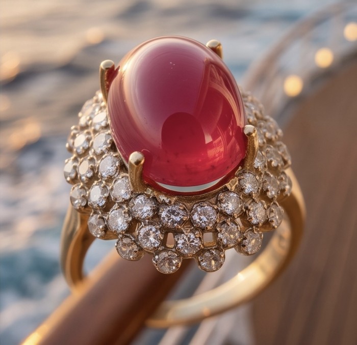 Scarlett 8.7 ctw Mozambique Ruby .925 Sterling Silver DIPPED IN 22k GOLD handcrafted Statement Ring size 8 - Close-up of Scarlett Mozambique ruby ring with diamond accents.