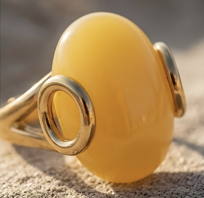 Vintage Style Authentic Golden Butterscotch Baltic Amber 18K Gold over .925 Sterling Silver entirely handcrafted ring; s. 6 - Close-up of golden butterscotch Baltic amber ring in sunlight.