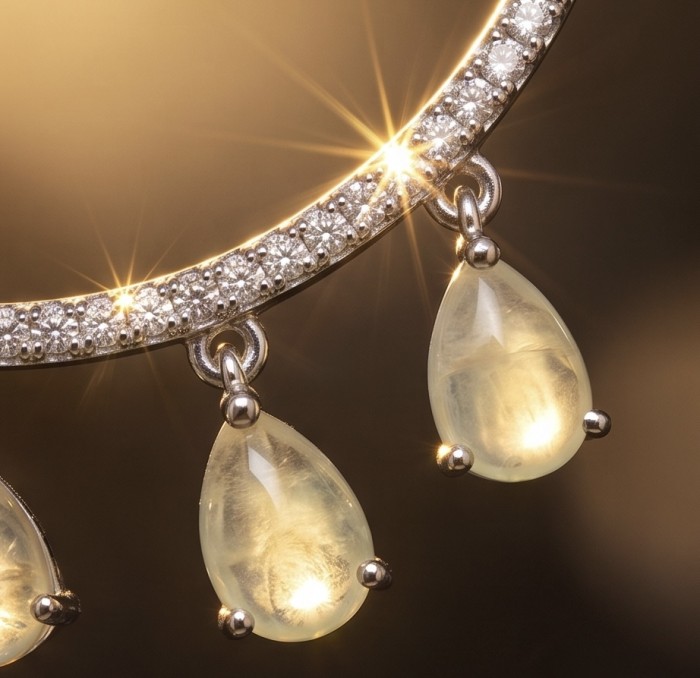 CAROLYN 3.2 carat Australian Fire Opal rhodium over .925 Sterling Silver incredible Hoop handcrafted Earrings - Close-up of opal and diamond necklace in rhodium setting, sparkling detail