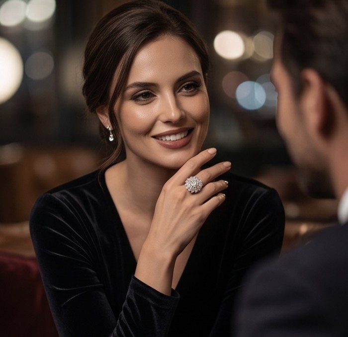 Real Beauty - 10.5 carat White Sapphire .925 Sterling Silver Handcrafted Statement Ring size 8 1/2 - Woman wearing Real Beauty ring, front view, smiling elegantly.