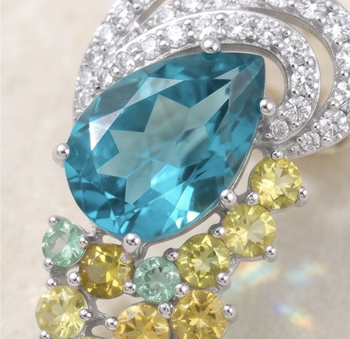 Real Treasure 9.5 carat Aquamarine rhodium over .925 Sterling Silver Handcrafted Earrings - Close-up of aquamarine and gemstone details of a sterling silver pendant.