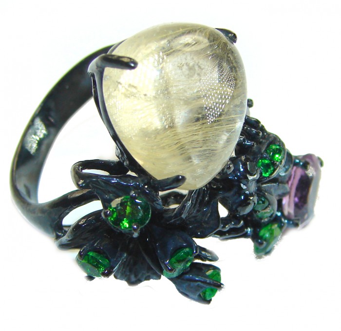 Large Best quality Golden Rutilated Quartz black rhodium over .925 Sterling Silver handcrafted Ring Size 8 1/4 - photo 3