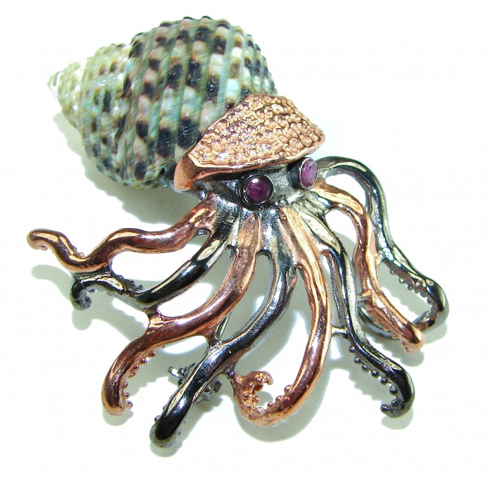 Octopus Ammonite 14K Rose Gold over .925 Sterling Silver handcrafted Brooch Pendant - photo 3