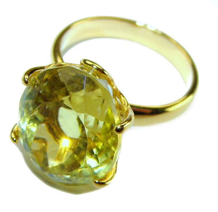 11.8 carat Genuine fancy oval cut Lemon Quartz 14K Gold over .925 Sterling Silver handcrafted ring size 7 - photo 1