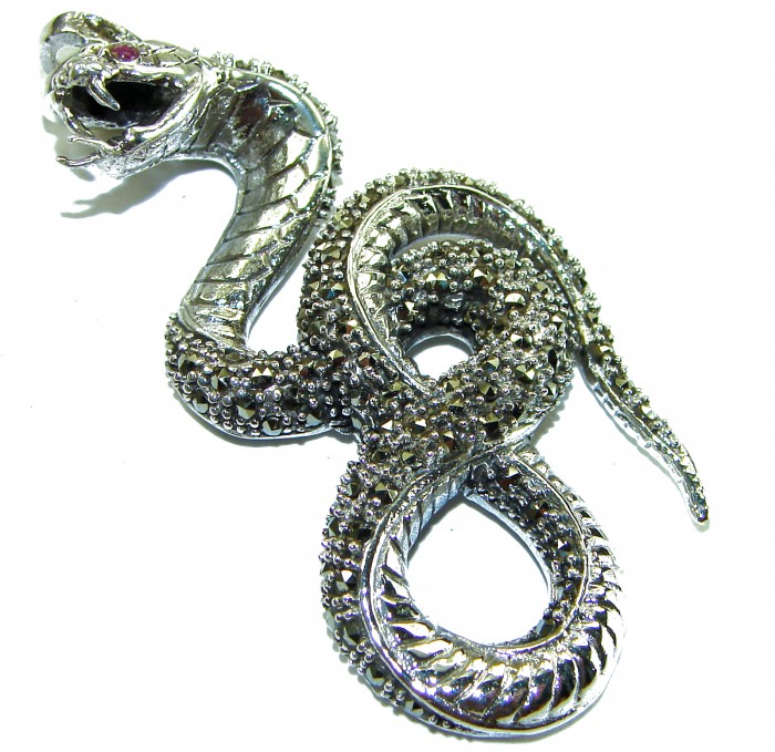 Large 2 5/8 inches long Cobra Snake genuine Marcasite .925 Sterling Silver handmade Pendant - Detailed top view of silver Cobra snake brooch with marcasite stones