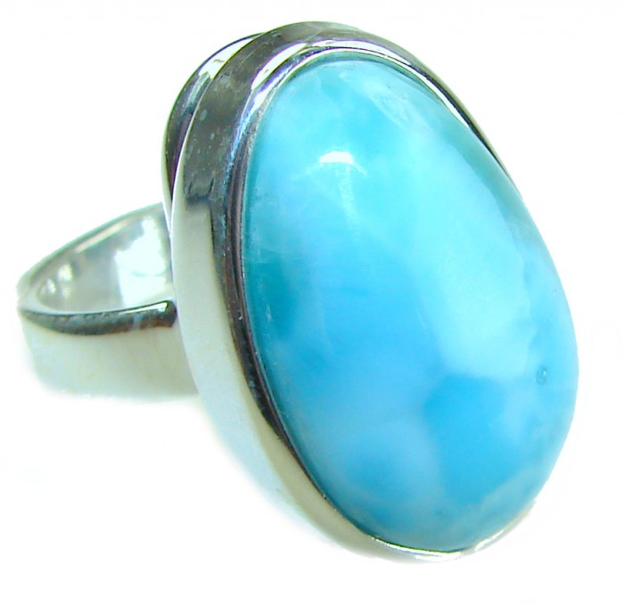 Captivating allure of Genuine AAAA Caribbean Larimar .925 Sterling Silver handcrafted STATEMENT ring size 7 adjustable - Close-up of Genuine AAAA Caribbean Larimar ring in .925 silver setting.