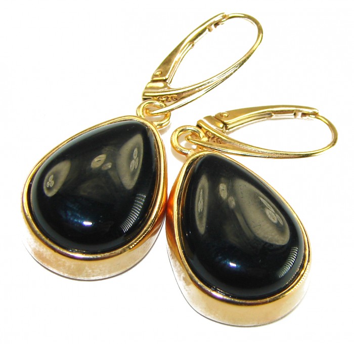 Outstanding authentic Onyx 14K Gold over .925 Sterling Silver Earrings - Onyx earrings with 14K gold over Sterling, close-up view.