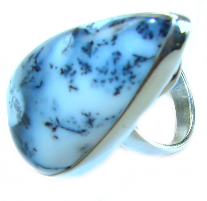 Top Quality Dendritic Agate .925 Sterling Silver handcrafted Ring s. 7 adjustable - Close-up of dendritic agate ring in .925 sterling silver, side view.