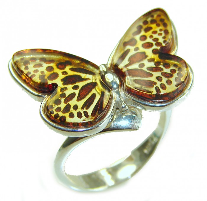 Butterfly Authentic Baltic Amber .925 Sterling Silver handcrafted ring; s. 6 adjustable - Butterfly amber ring in sterling silver, top view close-up.