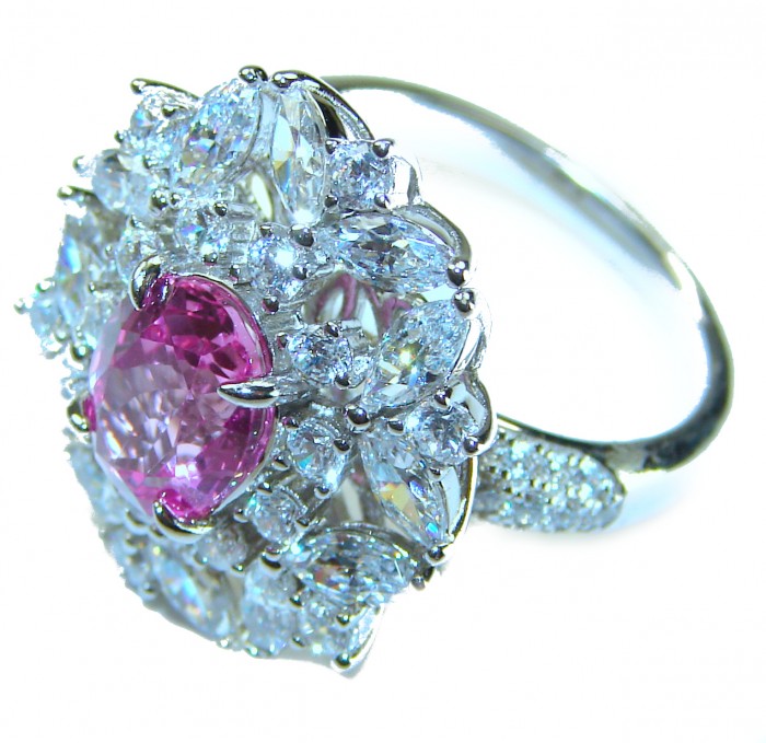 Real Beauty 3.6 carat oval cut Pink Sapphire .925 Silver handcrafted Cocktail Ring s. 7 1/4 - Close-up of oval cut pink sapphire ring with silver band and accents.