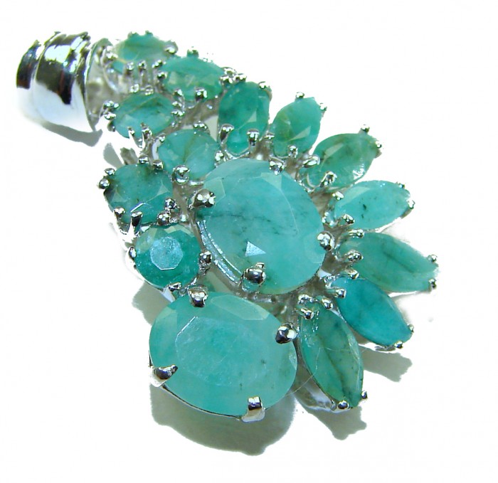 Melissa- Authentic 18.5 carat Emerald .925 Sterling Silver handcrafted Pendant - Emerald cluster pendant close-up in sterling silver setting.