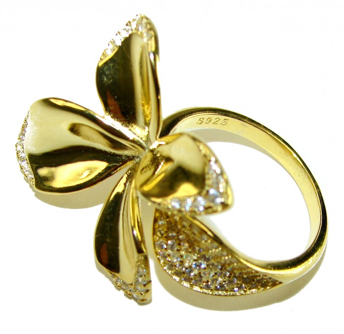Lotus flower White Topaz highly polished 18K Gold over .925 Sterling Silver Italy made ring s. 7 adjustable - Side view of lotus flower ring, white topaz, 18K gold over .925 silver.