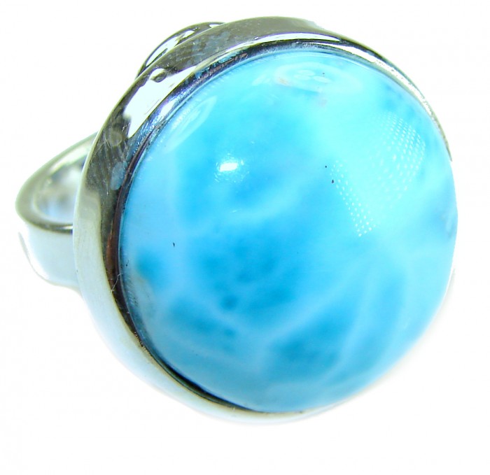 Caribbean Beauty 29.5 carat Genuine perfectly Blue Larimar .925 Sterling Silver handmade LARGE ring size 8 adjustable - Close-up of a blue Larimar ring with a silver setting.
