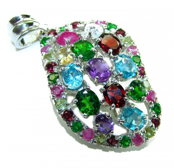 Fiesta Authentic 12.5 carat Multigem .925 Sterling Silver brilliantly handcrafted pendant - Fiesta Multigem 12.5ct Sterling Silver pendant close-up, vibrant colors.