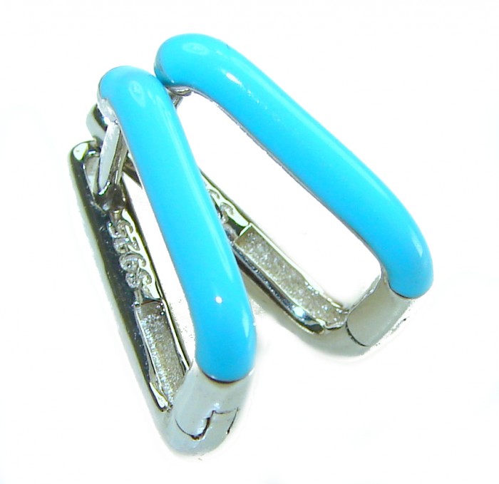 0.5 carat Ruby blue enamel .925 Sterling Silver handcrafted hoop earrings - Blue enamel sterling silver earrings, close-up view.