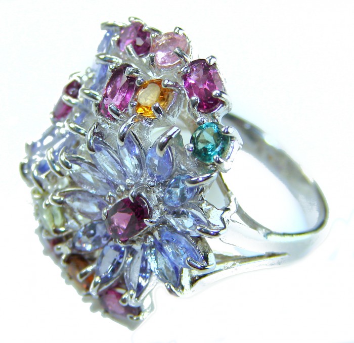 Summer Garden 28.2 carat natural Tanzanite .925 Sterling Silver handcrafted Ring size 7 1/4 - Colorful gemstone ring side view, Tanzanite, sterling silver setting