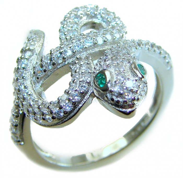 Precious Boa Snake Genuine Emerald White Topaz .925 Sterling Silver handcrafted Ring s. 7 - Silver snake ring with emerald eyes and topaz, angled top view.