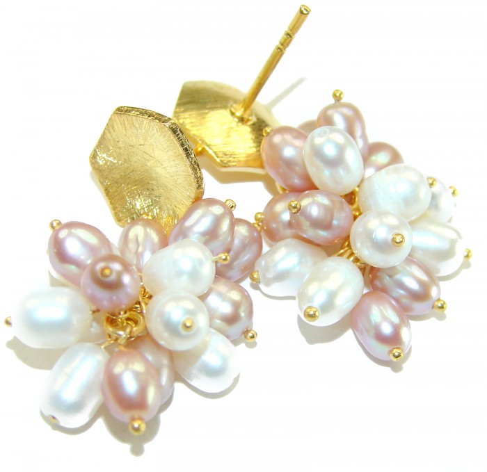 Natural White Mother of Pearl 14K Gold over .925 Sterling Silver handcrafted earrings - Close-up of cluster pearl earrings with gold detailing