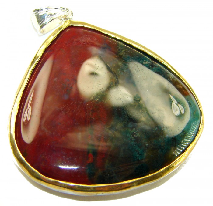 Deluxe 35.2 carat Moss Prehnite .925 Sterling Silver dipped in 14K Gold handmade Large Pendant - Close-up of Deluxe 35.2 carat Moss Prehnite pendant with gold edge.