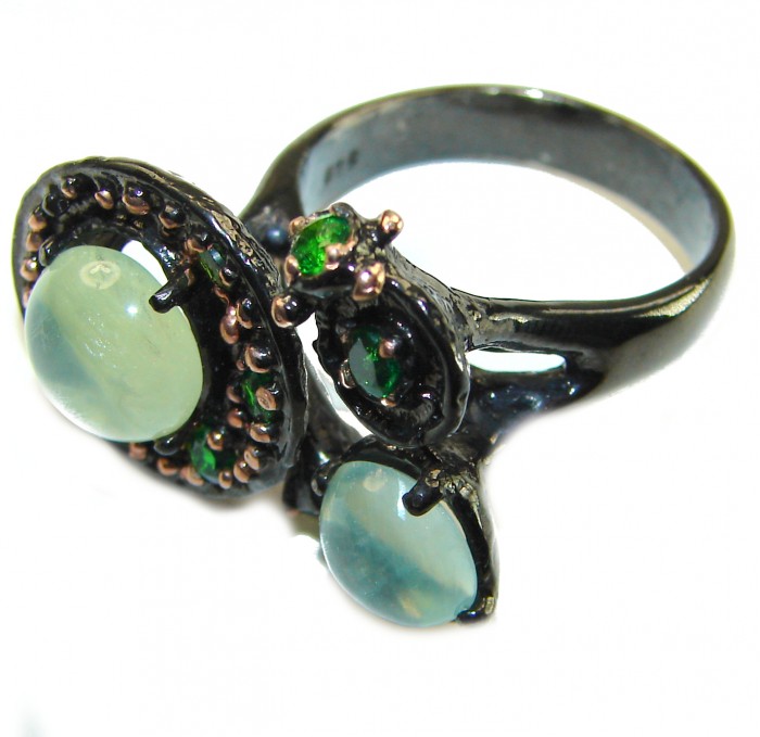 Best quality Prehnite black rhodium over .925 Sterling Silver handcrafted Ring Size 8 3/4 - Side view of Prehnite ring with black rhodium .925 sterling silver.
