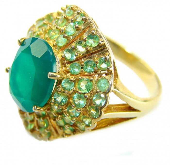 Elizabeth 4 Prong oval cut 5.9 carat Colombian Emerald .925 Sterling Silver dipped in 22K GOLD handcrafted Ring size 7 - Gold ring with 5.9 carat Colombian emerald, side view close-up.