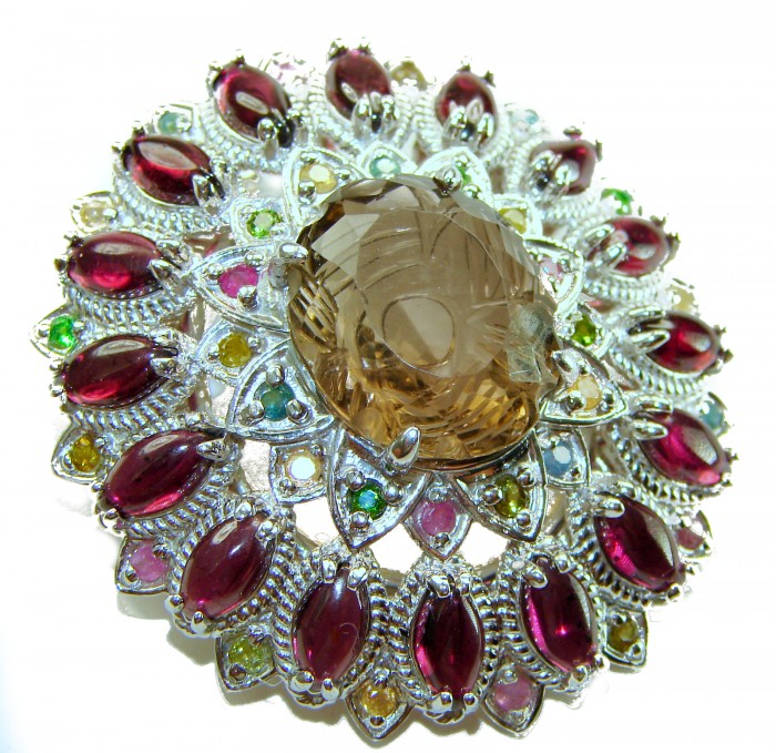 Authentic 45.5 carat carved Smoky Topaz Garnet .925 Sterling Silver handmade Statement Pendant and Brooch - Close-up of 45.5 ct carved Smoky Topaz Garnet sterling silver jewelry
