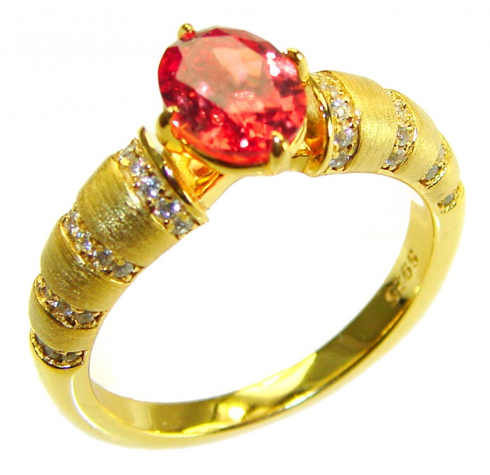 Blooming Rose oval cut 3.5 carat Orange Sapphire .925 Sterling Silver dipped in Real 18K Gold handmade Statement ring; s. 8 1/4 - Side view of Blooming Rose ring with orange sapphire and gold details.