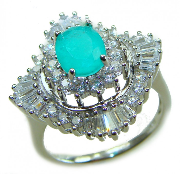 Vintage style - Timless Beauty - 3.5 carat Colombian Emerald 7.1 carat White Topaz .925 Sterling Silver handcrafted Statement Ring size 7 1/4 - Vintage-style ring with Colombian emerald and diamonds, top view.