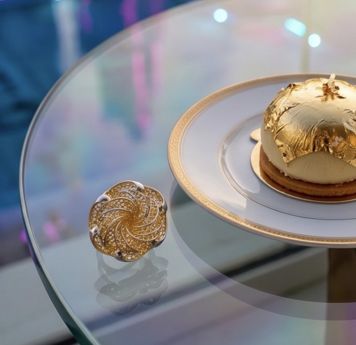 Dubai Style - .925 Sterling Silver dipped in 22K Gold handmade Large ring size 7 1/2 - Top view of gold-dipped sterling silver ring on a glass table.