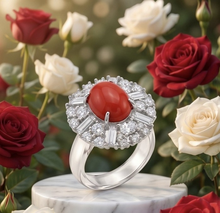 Elizabeth Natural Fossilized Coral 9.8 carat Moissanite .925 Sterling Silver handmade ring s. 7 1/4 - Close-up of Elizabeth Natural Coral ring with moissanite stones, floral backdrop