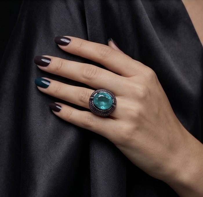 Carmen Authentic 12.4 carat Aquamarine black rhodium .925 Sterling Silver brilliantly handcrafted large Statement Ring size 8 - Worn on hand: 12.4 carat Aquamarine ring on black rhodium .925 silver