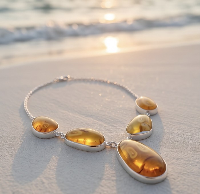 Rare!!! Dazzling 308.2 carat natural Golden Baltic Amber .925 Sterling Silver handcrafted necklace - Golden Baltic amber necklace on sandy beach at sunset.
