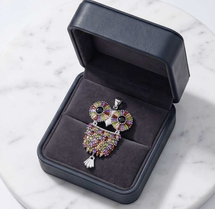 Precious Owl - 12.5 CARAT Multigem .925 Sterling Silver handcrafted pendant - Owl pendant in box, multigem stones, top view, sterling silver setting.