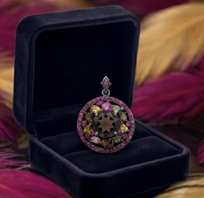 Authentic 22.5 carat carved Smoky Topaz black rhodium over .925 Sterling Silver handmade Statement Pendant - Smoky Topaz pendant in box, front view, colorful gemstone accents.