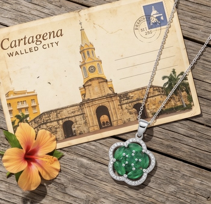 Authentic 4.5 CARAT Chrome Diopside .925 Sterling Silver Pendant - Chrome Diopside necklace with Cartagena postcard and flower, top view.